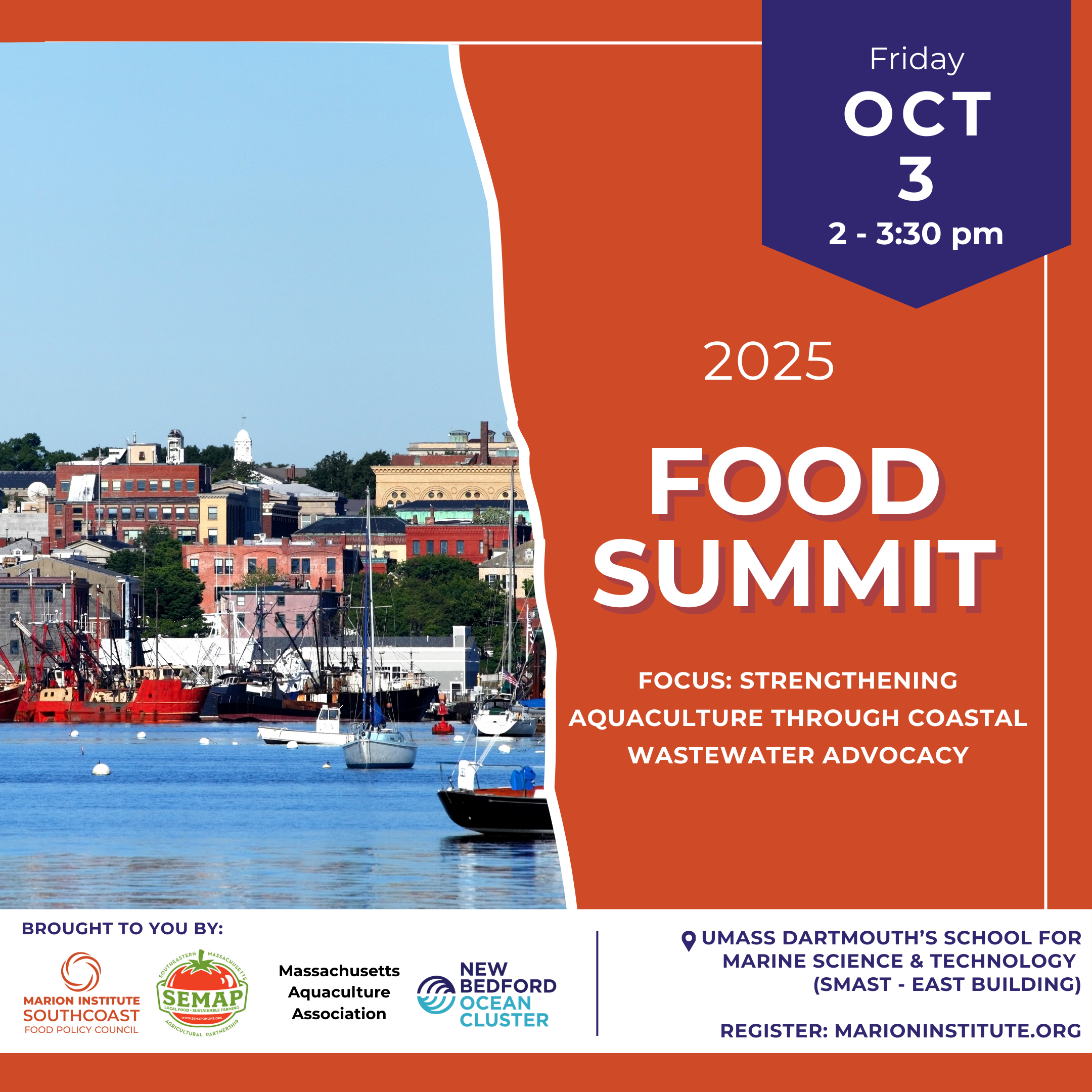 2025 Food Summit Social Media Graphic with a photo of a harbor
