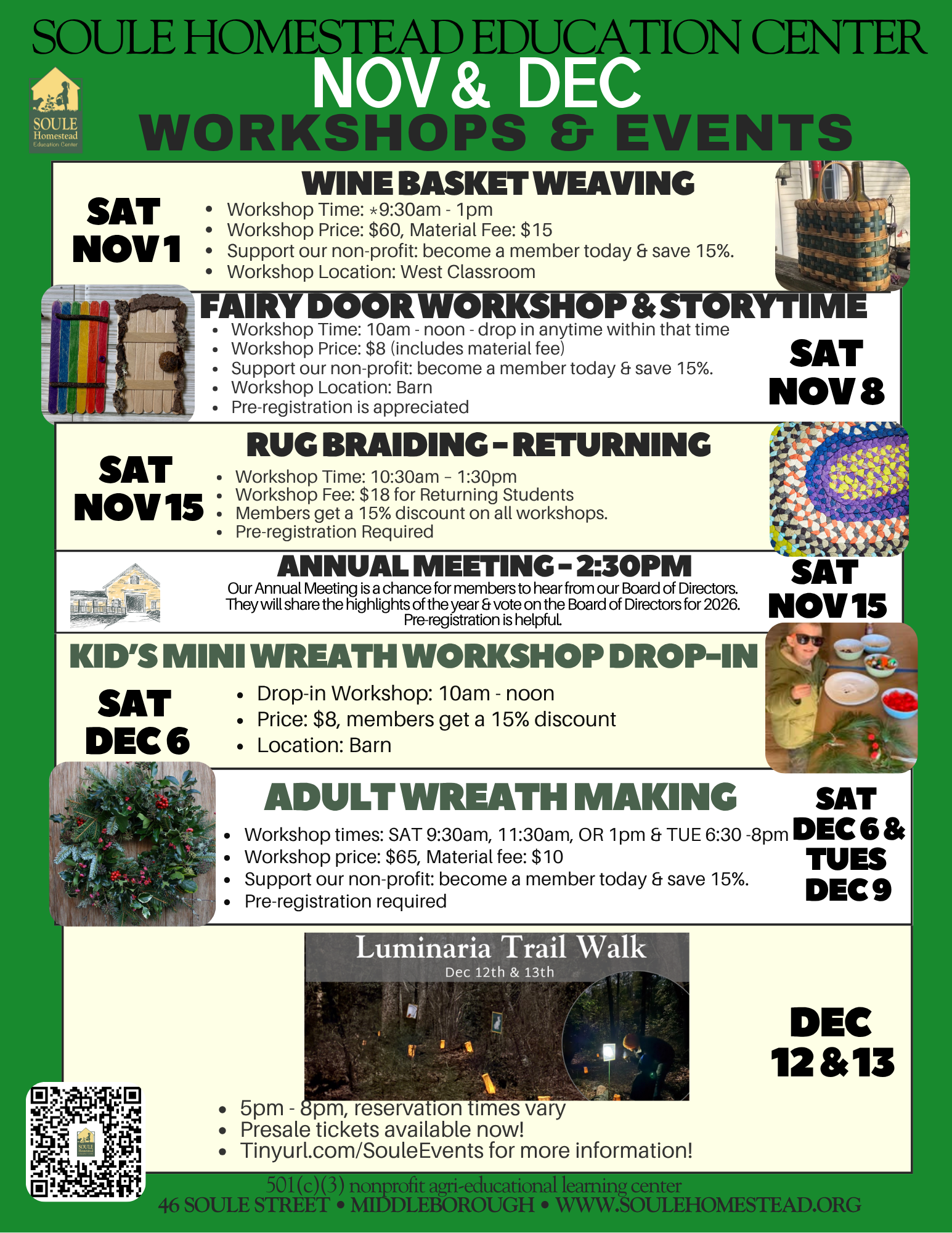 Flyer for Soule Homestead Events